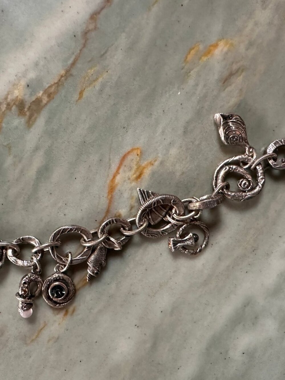 Artisan Modernist Silver Charm Bracelet Toggle Spiral Shell Leaf ~8"
